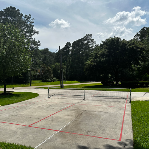 The driveway in The Woodlands where ERA Pickleball began — concrete pad with painted court lines, trees and Texas neighborhood in the background
